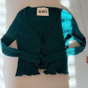 BLANCA Teal Ribbed Knit Tie Front Sweater